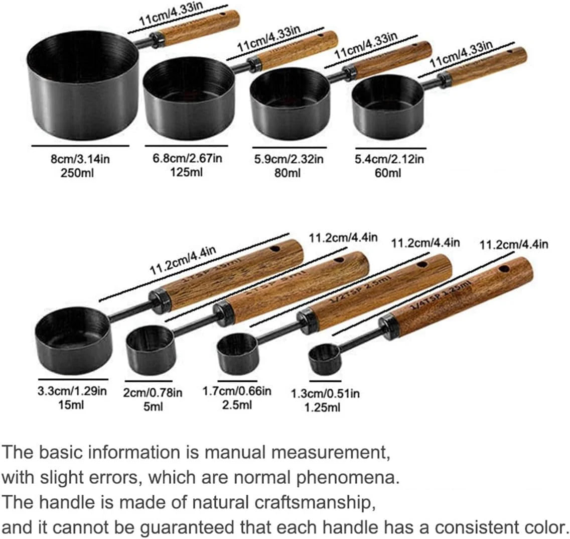 8 pieces Black Measuring Cups Set and Measuring Spoons Set with Scale Wooden Handle Stainless Steel Dry & Liquid Measuring Cup for Cooking Baking – Convenient Carry Handles with Functional, Easy-Use Details