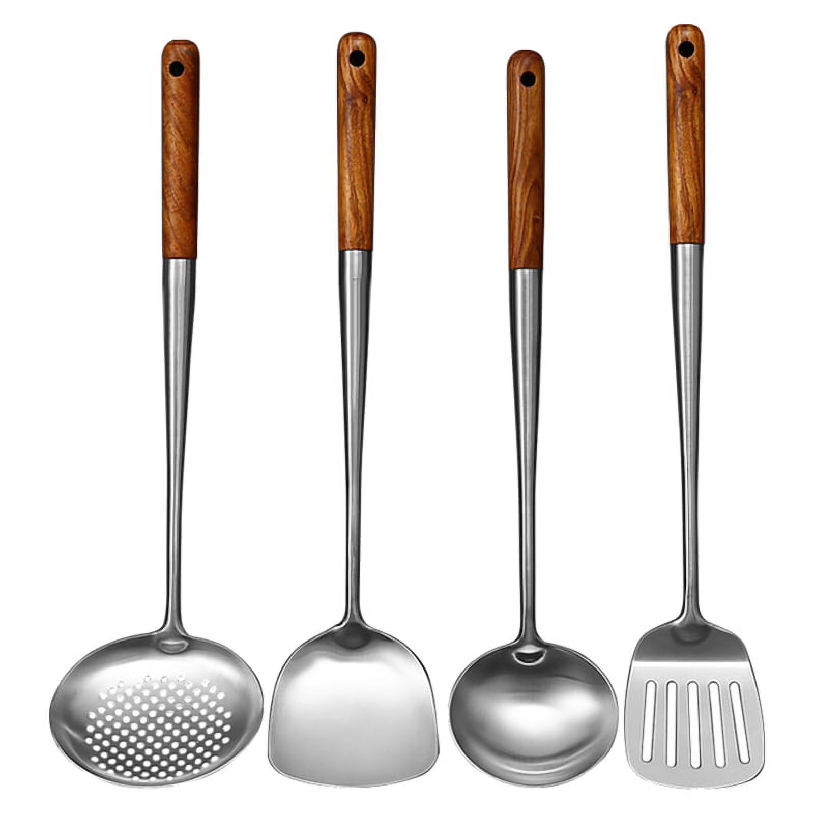 Long Handle Stainless Steel Wok Kitchen Slotted Turner Rice Spoon Ladle Cooking Tools Utensil Set – Convenient Carry Handles with Functional, Easy-Use Details