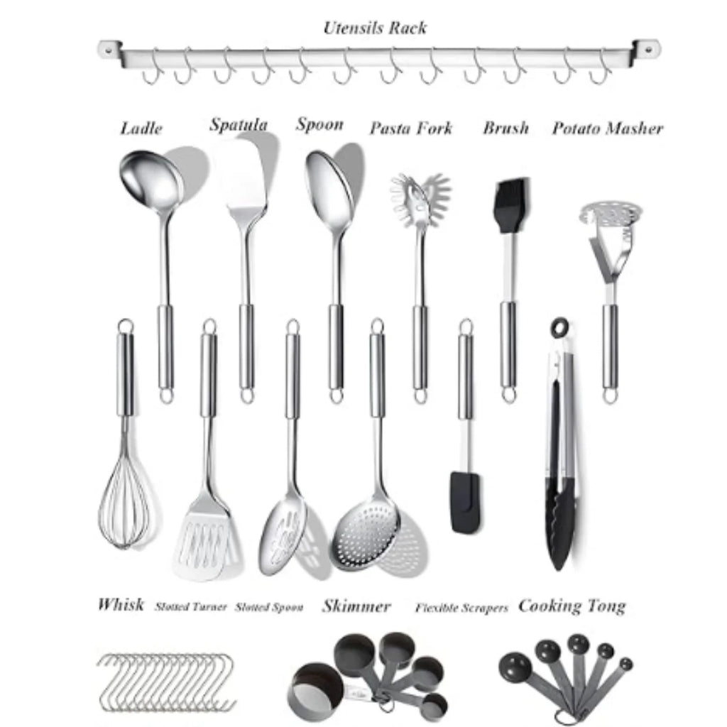 Kitchen Utensils Set 38 Pieces Stainless Steel Cooking Utensils Set Kitchen Gadgets Cookware Kitchen Tool Set with Utensil Holder Rack And Hooks For Hanging Dishwasher Suitable – Space-Saving Hanging Design with Functional, Easy-Use Details