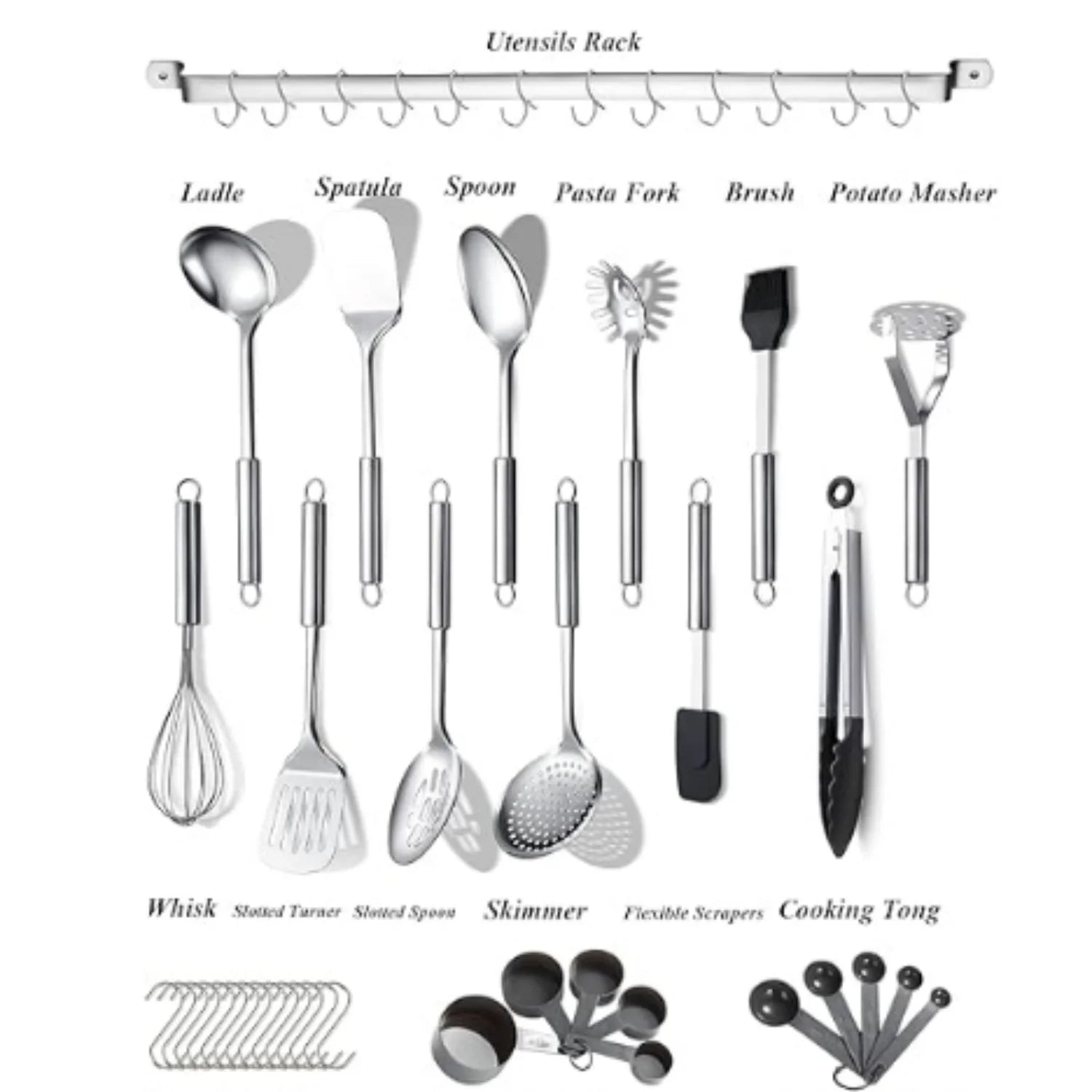Kitchen Utensils Set 38 Pieces Stainless Steel Cooking Utensils Set Kitchen Gadgets Cookware Kitchen Tool Set with Utensil Holder Rack And Hooks For Hanging Dishwasher Suitable – Space-Saving Hanging Design with Functional, Easy-Use Details