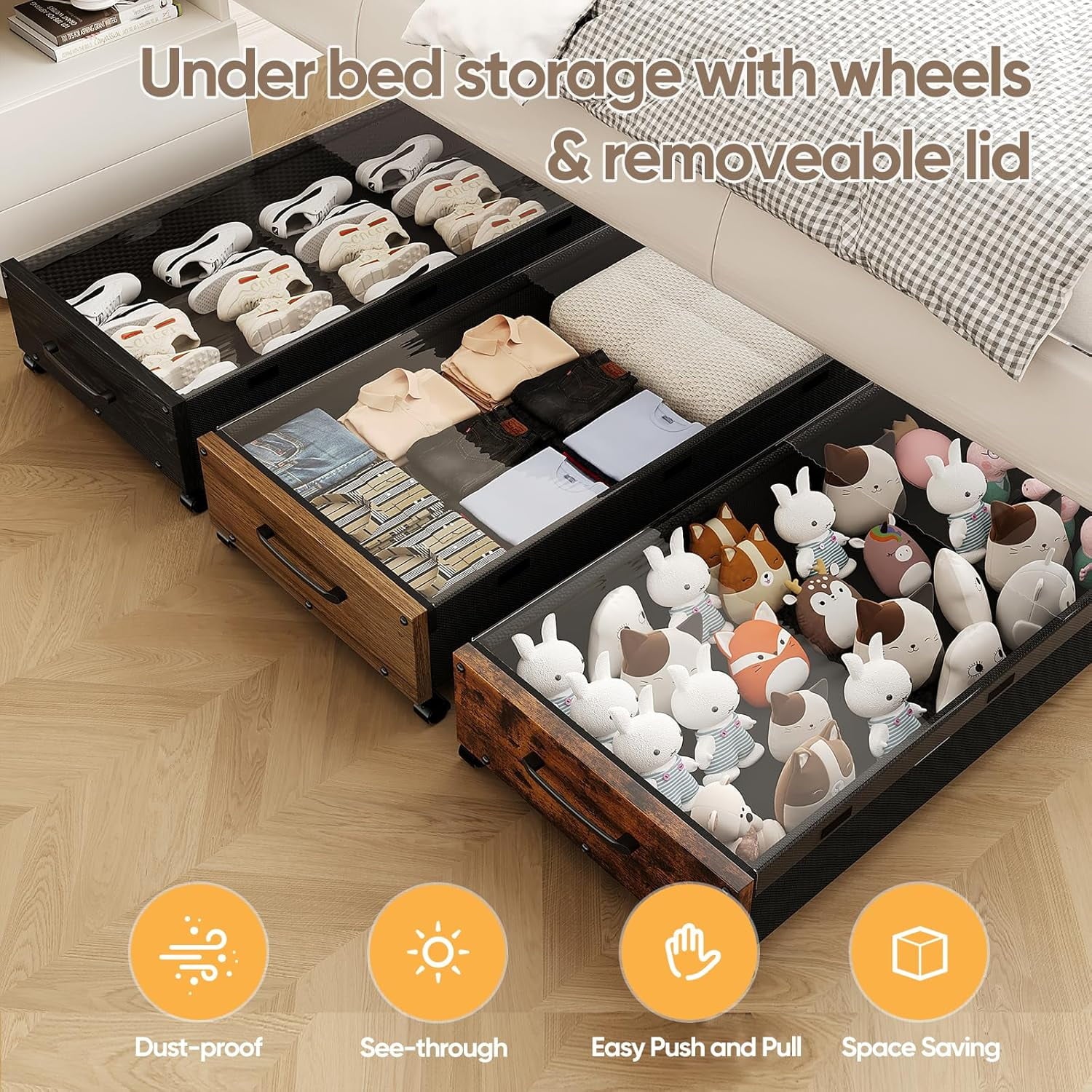 Wooden Under Bed Storage with Wheels Rolling Under the Bed Storage Bins with Removable Lid Metal Under Bed Drawers for Clothes and Shoes in Bedroom or Living Room(Black Wood-2pack) – Easy-Roll Mobility with Functional, Easy-Use Details