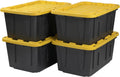 BLACK & YELLOW 27-Gallon Heavy Duty Tough Storage Container & Snap-Tight Lid (14.3"H x 20.6"W x 30.6"D) Weather-Resistant Design and Stackable Organization Tote [4 Pack] – Stackable Organization with Functional, Easy-Use Details
