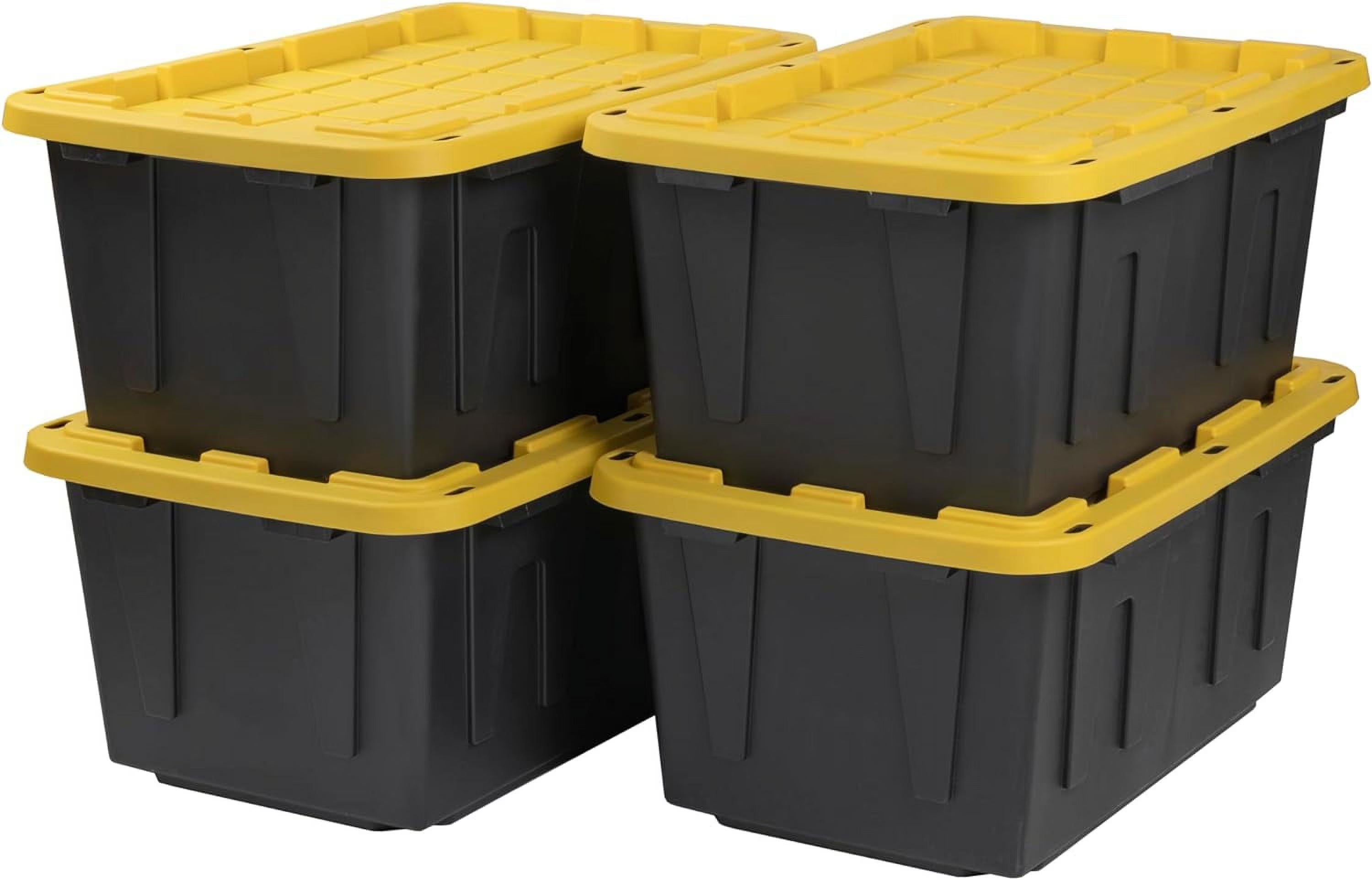 BLACK & YELLOW 27-Gallon Heavy Duty Tough Storage Container & Snap-Tight Lid (14.3"H x 20.6"W x 30.6"D) Weather-Resistant Design and Stackable Organization Tote [4 Pack] – Stackable Organization with Functional, Easy-Use Details
