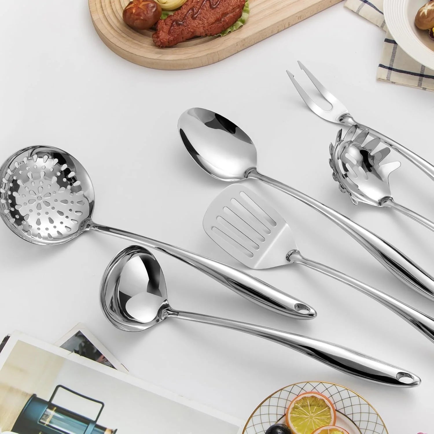 304 Stainless Steel Kitchen Utensils Set 6 Pcs Long Metal Cooking Utensil with Spatula Solid Spoon Ladle Skimmer Spaghetti Spoon Meat Fork Dishwasher Suitable – Durable Stainless Steel Construction with Functional, Easy-Use Details