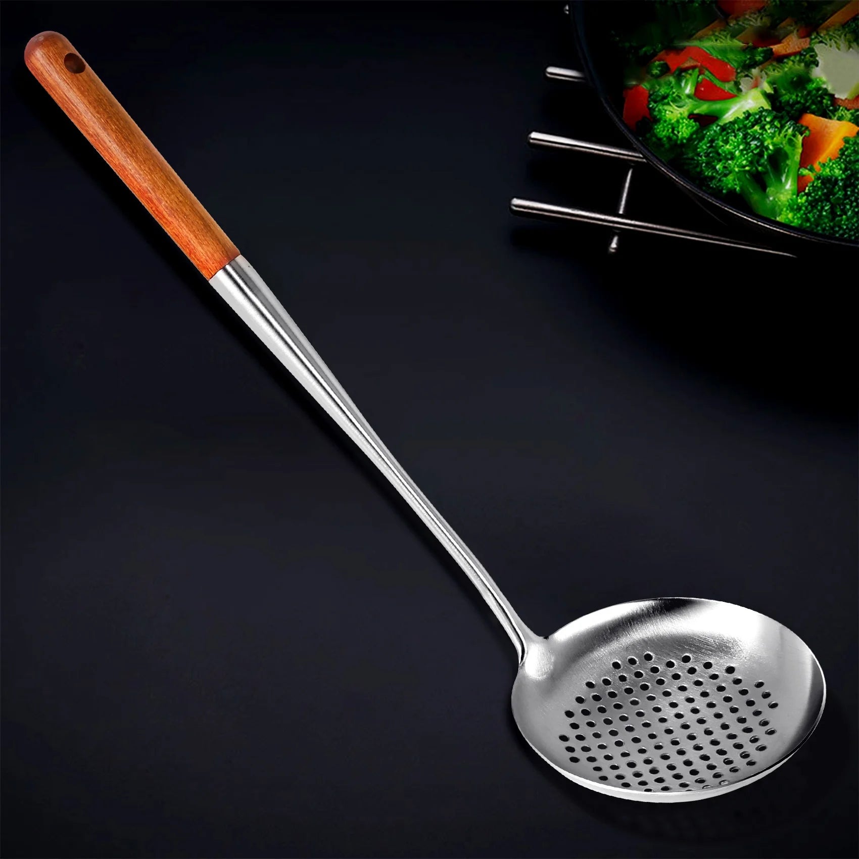 Long Handle Stainless Steel Wok Kitchen Slotted Turner Rice Spoon Ladle Cooking Tools Utensil Set – Convenient Carry Handles with Functional, Easy-Use Details