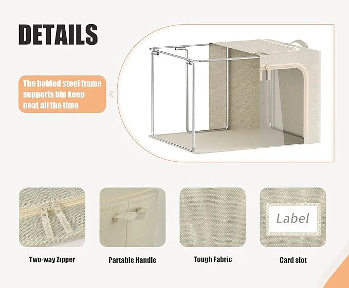 3 Openings Clothes Storage Bins with Metal Frame Foldable Storage Bin for Clothes Clothing Storage Bins with Lid Linen Storage Box With Clear Window＆ Zippers＆ Durable Handles.(3 Pcs,Beige,40L) – Everyday Household Format with Functional, Easy-Use Details