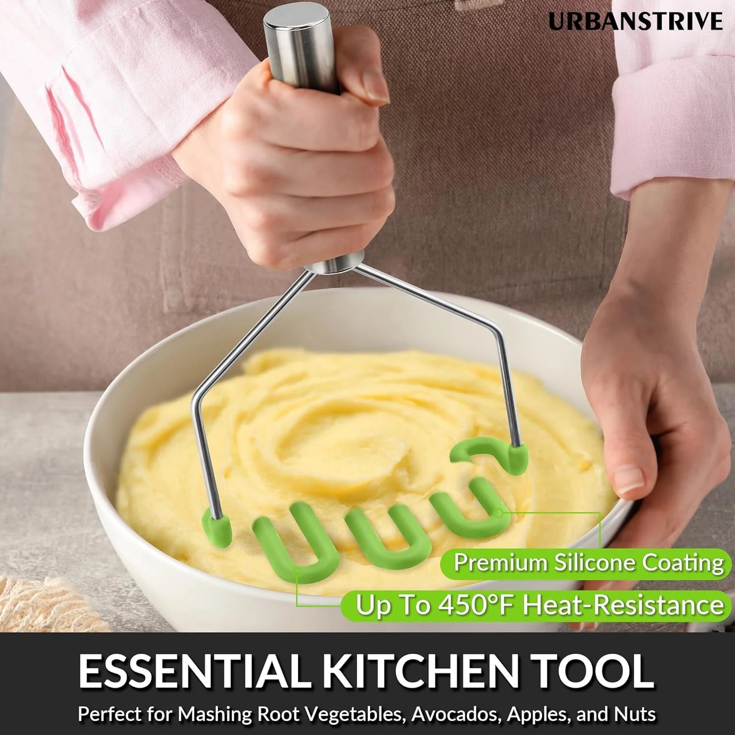 Non-Scratch Silicone Potato Masher Kitchen Tool Potatoes Masher Potato Masher Stainless Steel Wrapped In Well-crafted Silicone Potato Smasher – Durable Stainless Steel Construction with Functional, Easy-Use Details