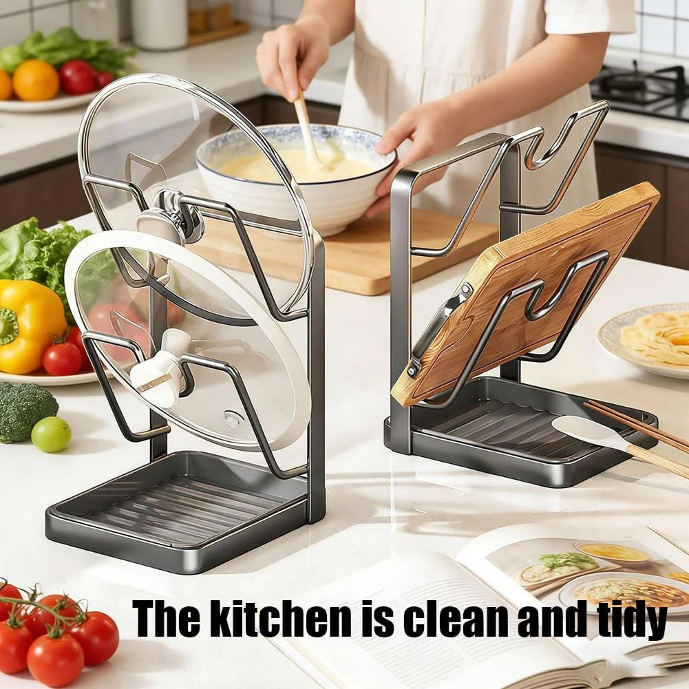 Kitchen Pot Lid Storage Rack Stainless Steel Pot Lid Holder While Cooking & Spoon Rest Multifunctional Pot Lid Organizer with Removable Drip Tray for Countertop Space-Saving Lid Rack – Durable Stainless Steel Construction with Functional, Easy-Use Details