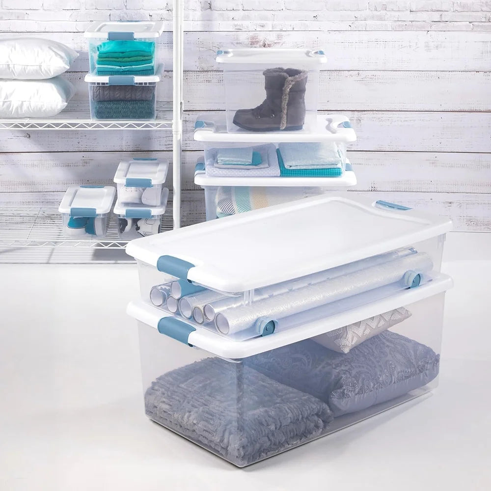 15 Qt Latching Storage Box Stackable Bin with Latch Lid Plastic Container to Organize Closet Shelf Clear with White Lid 12-Pack – Everyday Household Format with Functional, Easy-Use Details