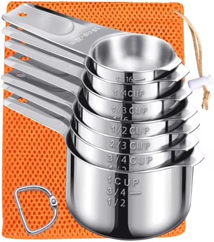 Measuring Cups 7PCS Stainless Steel Measuring Cups with a Storage Bag for Cooking & Baking Dishwasher Suitable – Durable Stainless Steel Construction with Functional, Easy-Use Details