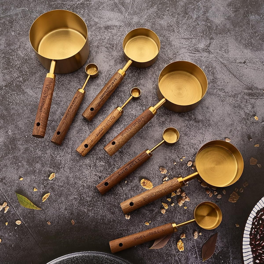 8 pieces Golden Measuring Cups Set and Measuring Spoons Set with Scale Wooden Handle Stainless Steel Dry & Liquid Measuring Cup for Cooking Baking – Convenient Carry Handles with Functional, Easy-Use Details