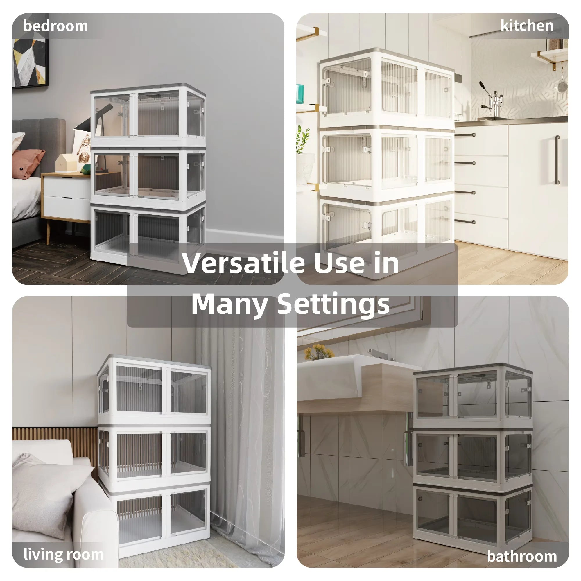 384QT 3-Pack Transparent Stackable Storage Bins with 5 Doors to Open with Wheels Folding Plastic Craft Containers Large Closet Organizers Box for Bedrooms Living Rooms Study Kids' Toys White – Stackable Organization with Functional, Easy-Use Details