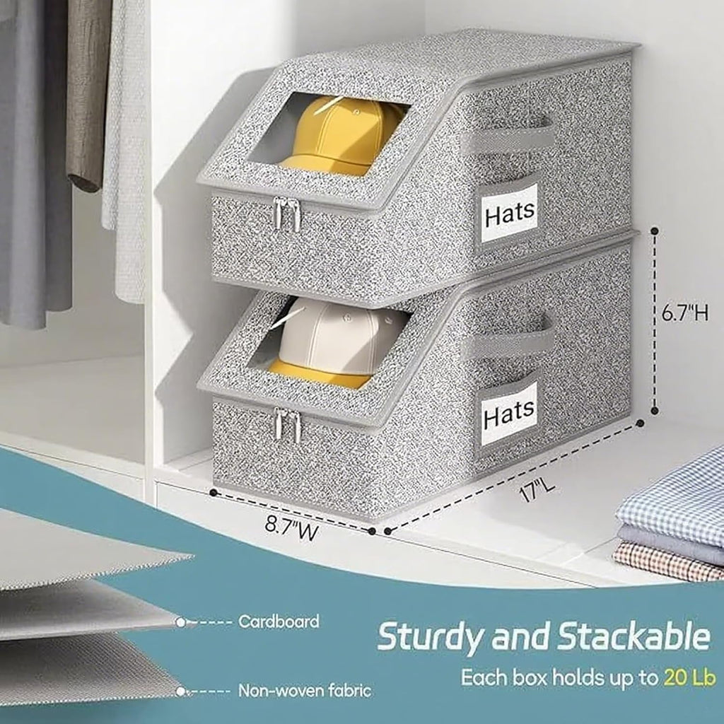 4 PCS Stackable Hat Storage for Baseball Caps Hat Storage Boxes for Closet Holds up to 12 Caps with Cardboard Hat Organizer for Women & Men (Grey) – Stackable Organization with Functional, Easy-Use Details