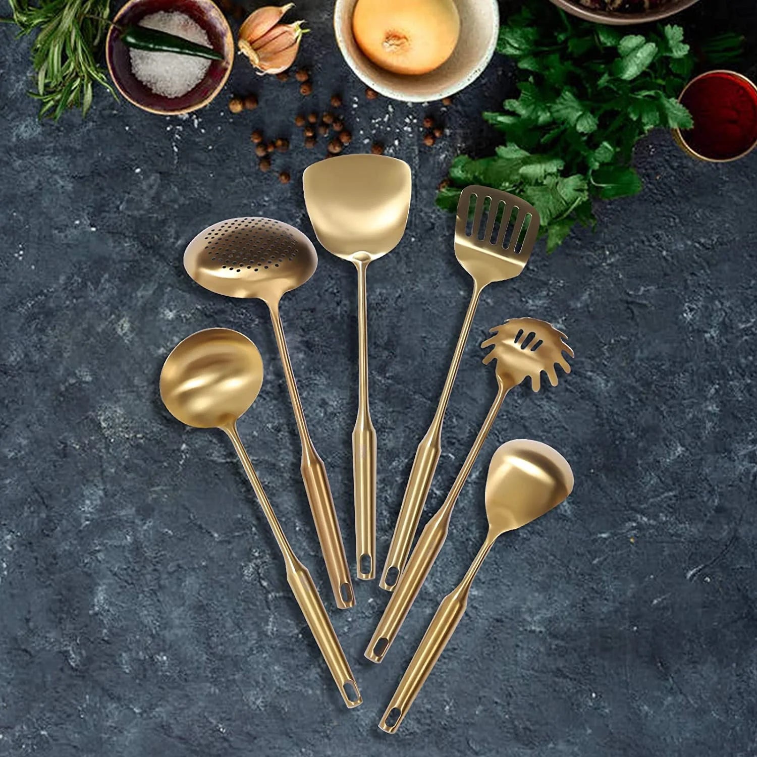 7pcs/ Set Gold Cooking Utensils Suitable for everyday use Kitchen Tool with Holder Stainless Steel – Durable Stainless Steel Construction with Functional, Easy-Use Details