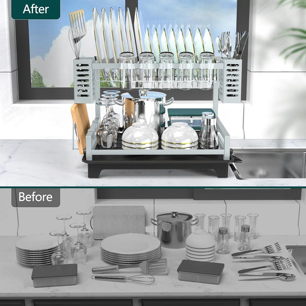 Dish Drying Rack: 2 Tier Dish Racks for Kitchen Counter and Sink - Large Dish Drying Rack with Drainboard & Utensil Holders - Stainless Steel Dish Drainers Kitchen Organization and – Durable Stainless Steel Construction with Functional, Easy-Use Details
