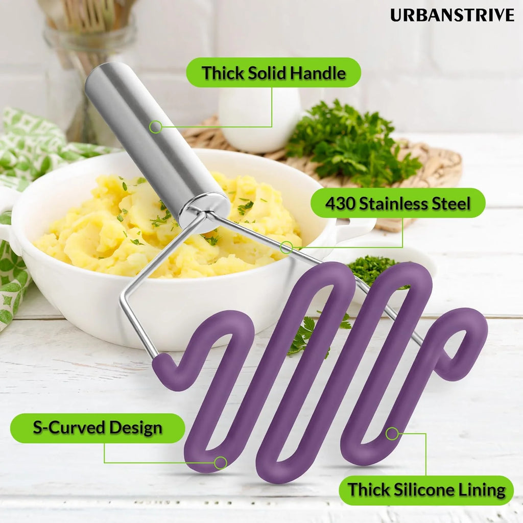 Scratch-resistant silicone potato mash maker kitchen tool stainless steel outer layer wrapped with durable silicone. – Durable Stainless Steel Construction with Functional, Easy-Use Details