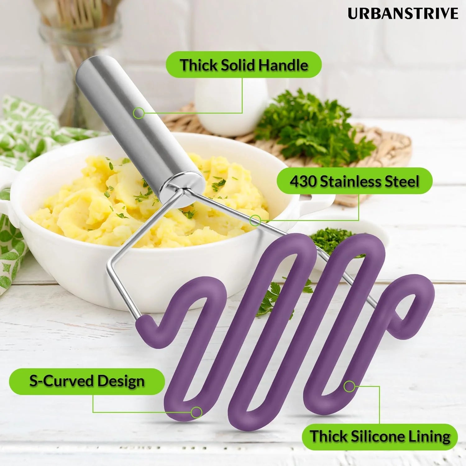 Scratch-resistant silicone potato mash maker kitchen tool stainless steel outer layer wrapped with durable silicone. – Durable Stainless Steel Construction with Functional, Easy-Use Details