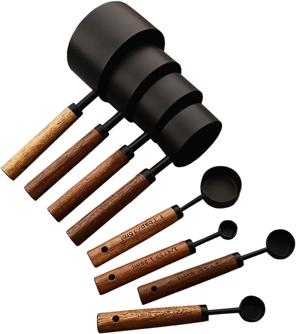 8 pieces Black Measuring Cups Set and Measuring Spoons Set with Scale Wooden Handle Stainless Steel Dry & Liquid Measuring Cup for Cooking Baking – Convenient Carry Handles with Functional, Easy-Use Details