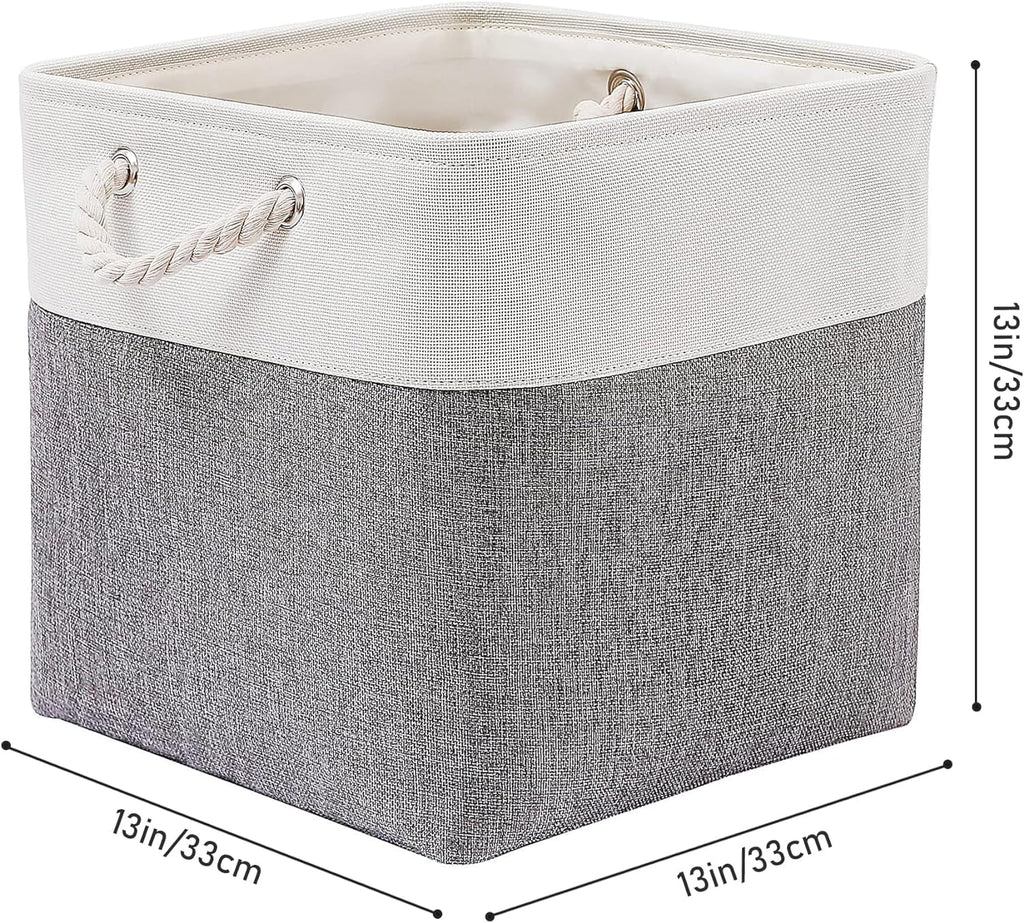 13 x 13 Inch Cube Storage Bins 6 Pack Extra Large Collapsible Fabric Storage Bin with Ropes Foldable Storage Cubes for Home (White & Beige-13"x13"x13") – Foldable Space-Saving Design with Functional, Easy-Use Details