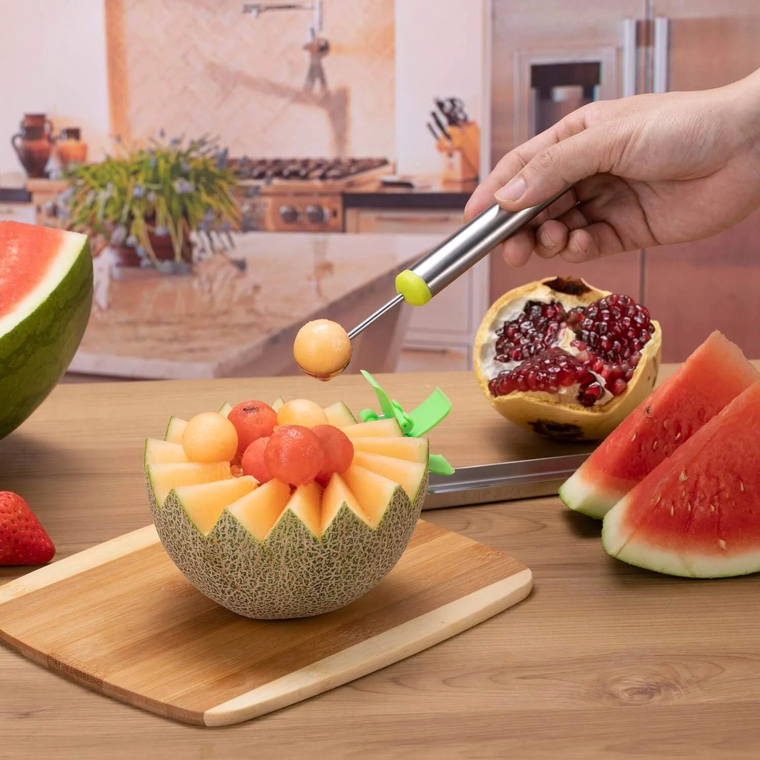 Watermelon Windmill Cutter Slicer Stainless Steel Shape Fruit Tools Quickly Cut Tool Kitchen Gadgets with Melon Scoop – Durable Stainless Steel Construction with Functional, Easy-Use Details