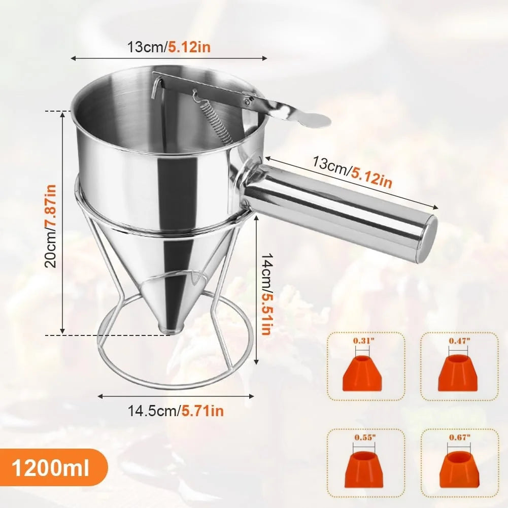 Stainless Steel Pancake Batter Dispenser with Squeeze Handle Kitchen Funnel Tools Pancake Dispenser for Pancakes Cupcakes Takoyaki and Baked Goods – Convenient Carry Handles with Functional, Easy-Use Details