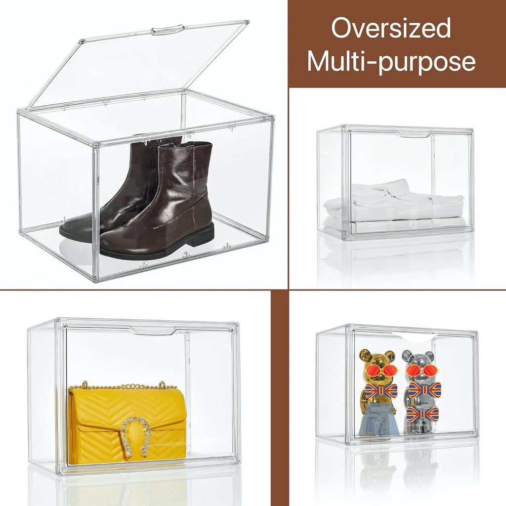 XXX-Large Clear Acrylic Display Case Boot Shoe Storage Boxes With An Adjustable Divider,2 Pack 2 Tiers Clear Plastic Stackable Storage Bins With Lids Big Display Acrylic Box With Magnetic Door – Everyday Household Format with Functional, Easy-Use Details