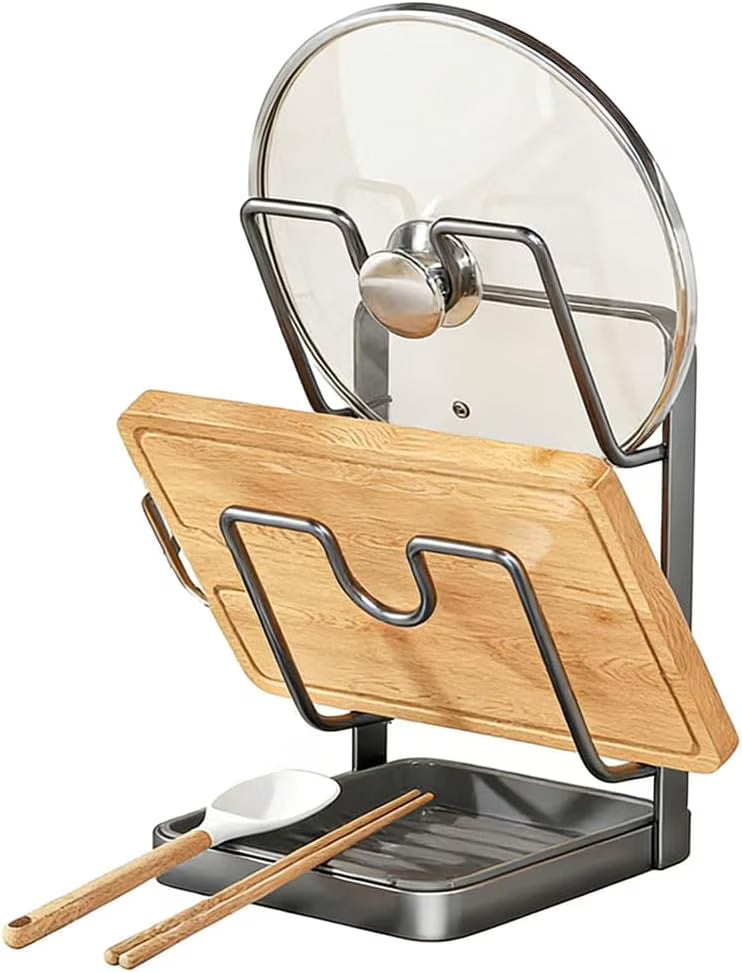 Kitchen Pot Lid Storage Rack Stainless Steel Pot Lid Holder While Cooking & Spoon Rest Multifunctional Pot Lid Organizer with Removable Drip Tray for Countertop Space-Saving Lid Rack – Durable Stainless Steel Construction with Functional, Easy-Use Details