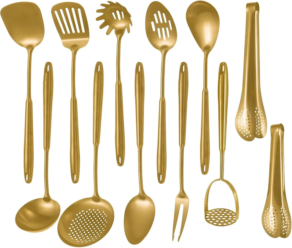 304 Stainlss Steel Kitchen Utensils Set 12 Pcs Long Metal Cooking Utensil Gadgets Tools Set with Spatula Ladle Spoon Ladle Skimmer Tunner Pasta Server Tongs(Silver Dishwasher Suitable) – Convenient Multi-Piece Set with Functional, Easy-Use Details