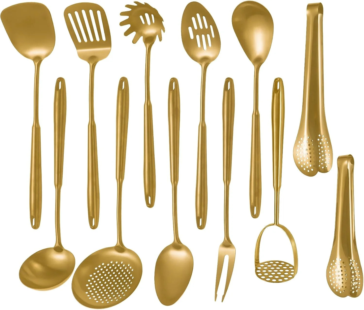 304 Stainless Steel Cooking Utensils,6 Pcs Kitchen Cooking Utensils Set with Spatula Solid Spoon Ladle Skimmer Spaghetti Spoon,Dishwasher Suitable(Gold) – Durable Stainless Steel Construction with Functional, Easy-Use Details