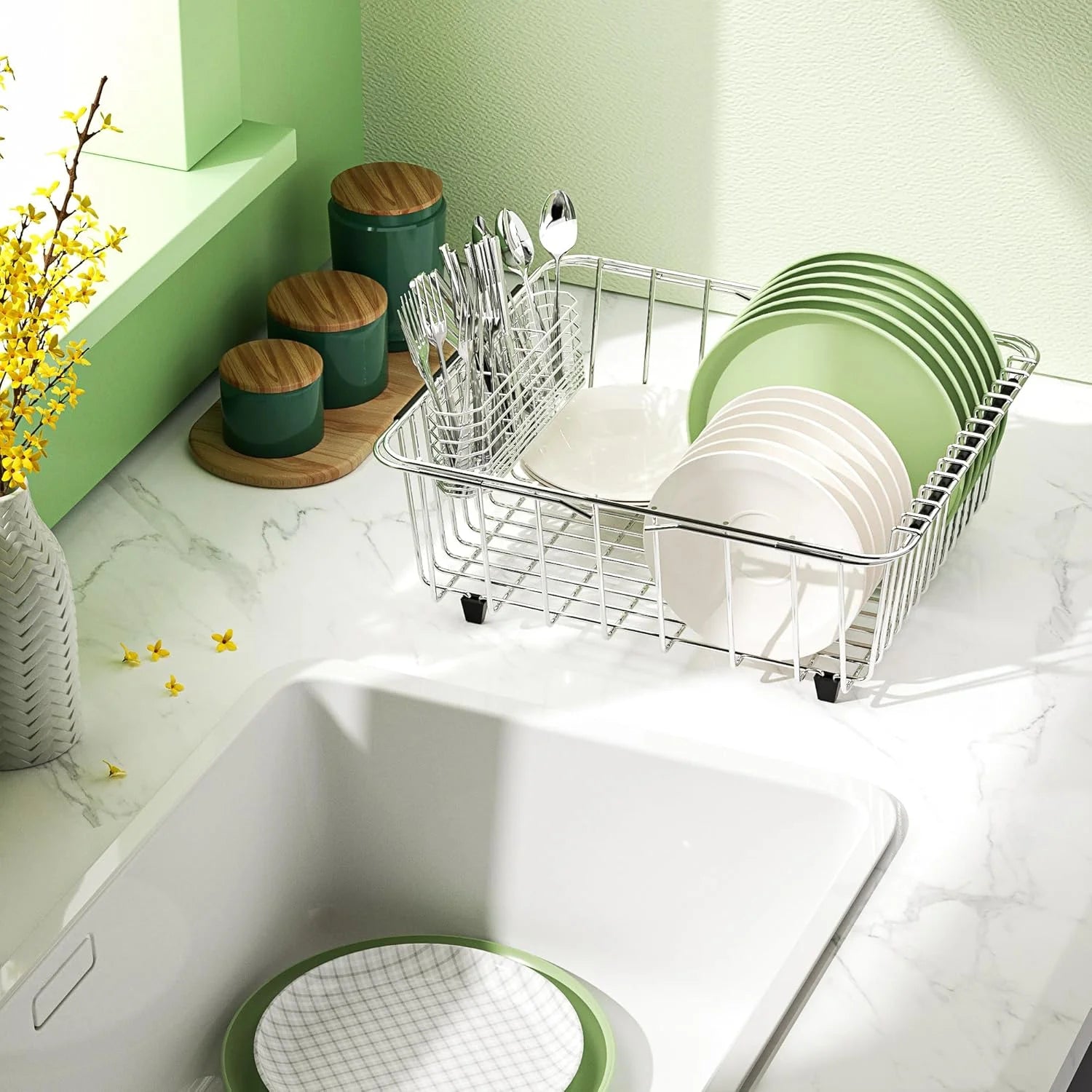 Dish Drying Rack in-Sink 304 Stainless Steel Dish Drainer with Stainless Steel Silverware Holder Over Inside Sink-Adjustable – Durable Stainless Steel Construction with Functional, Easy-Use Details
