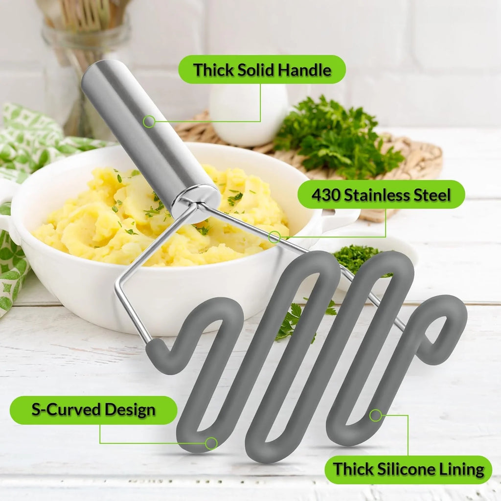 Scratch-resistant silicone potato masher kitchen tool potato masher stainless steel wrapped durable silicone potato smasher gray – Durable Stainless Steel Construction with Functional, Easy-Use Details