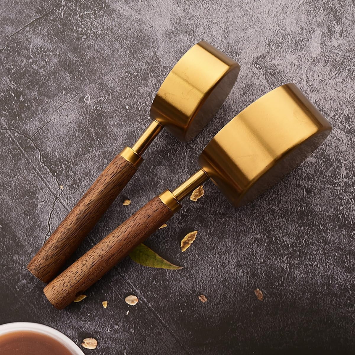 8 pieces Golden Measuring Cups Set and Measuring Spoons Set with Scale Wooden Handle Stainless Steel Dry & Liquid Measuring Cup for Cooking Baking – Convenient Carry Handles with Functional, Easy-Use Details