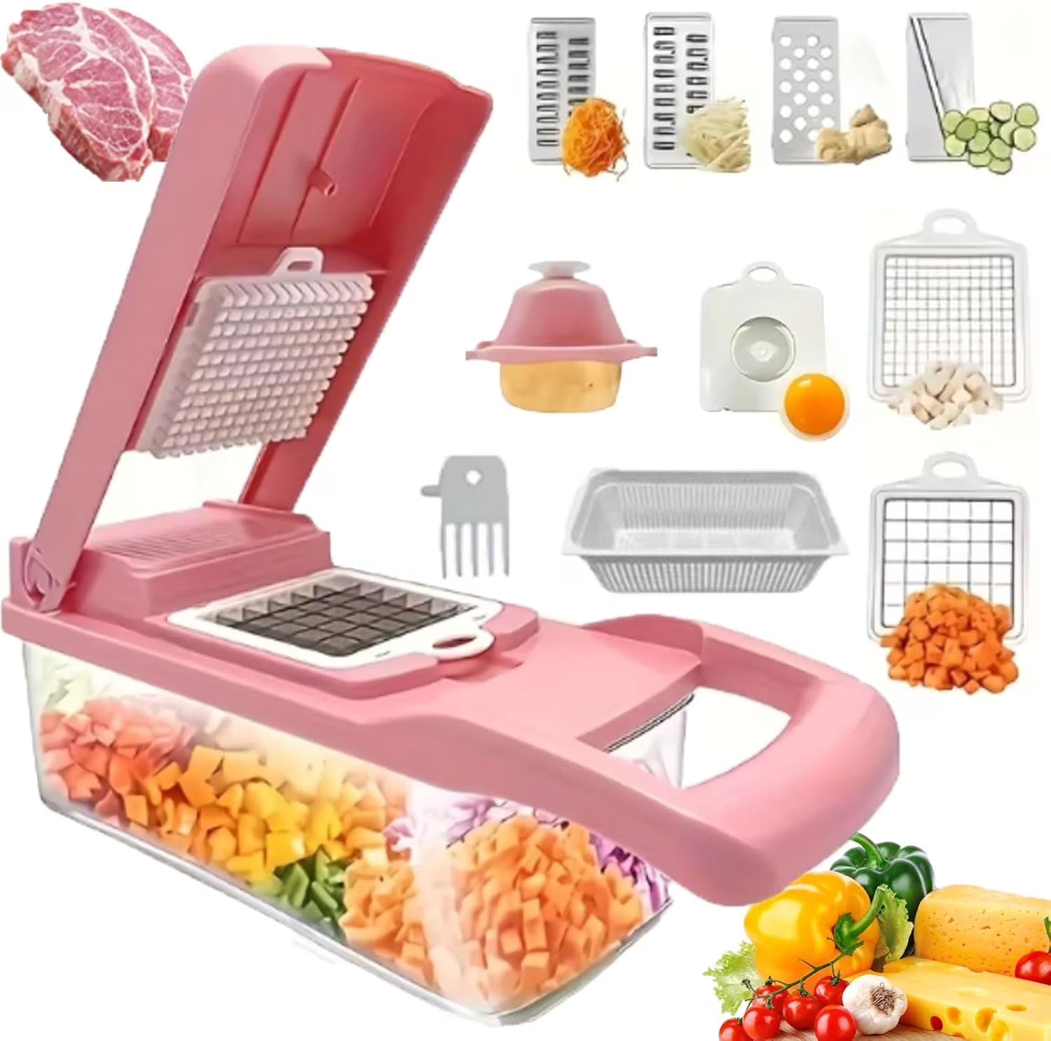 14Pcs Multi-Functional Vegetable Cutter & Slicer Trendgolden Food Chopper Stainless Steel Blades Kitchen Gadgets & Accessories (Pink) – Durable Stainless Steel Construction with Functional, Easy-Use Details