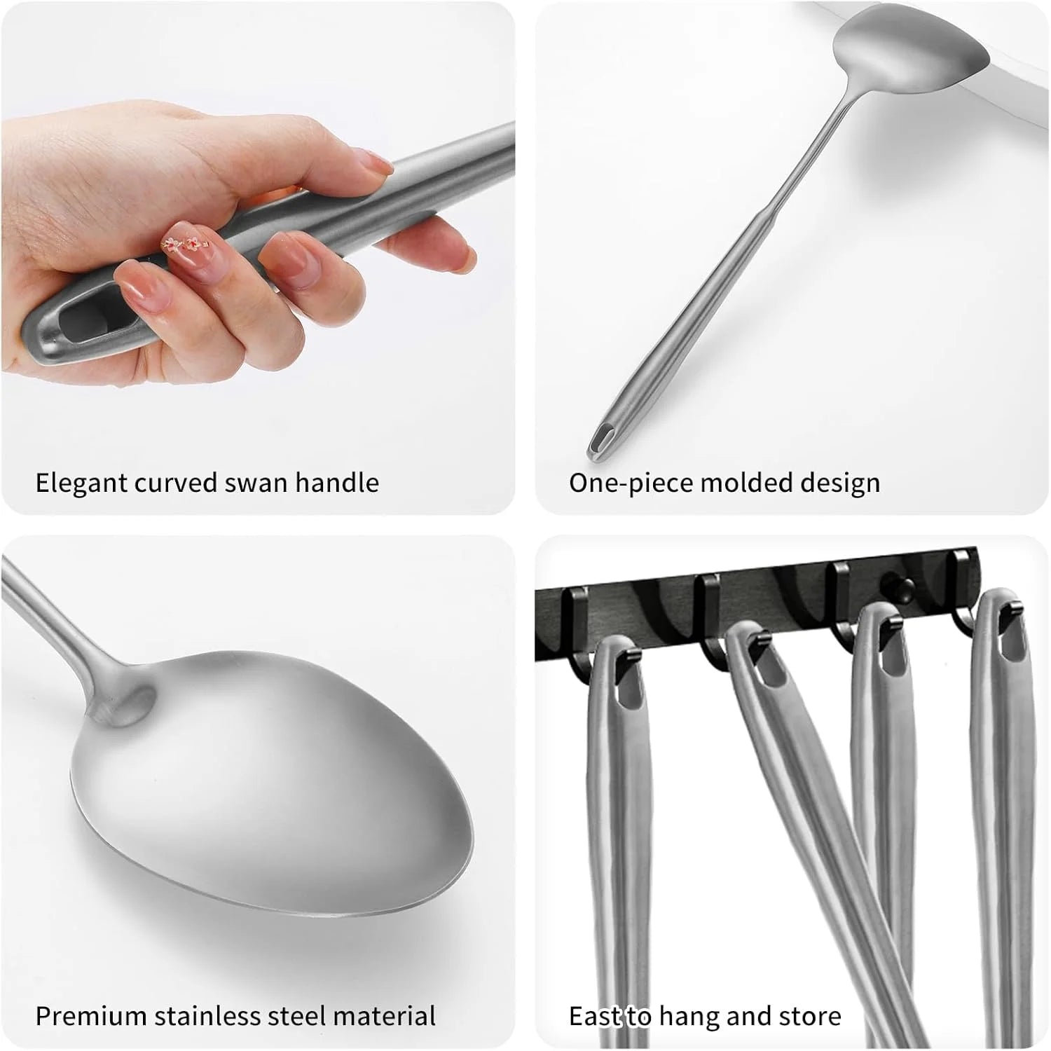 304 Stainless Steel Cooking Utensils,6 Pcs Kitchen Cooking Utensils Set with Spatula Solid Spoon Ladle Skimmer Spaghetti Spoon,Dishwasher Suitable – Durable Stainless Steel Construction with Functional, Easy-Use Details