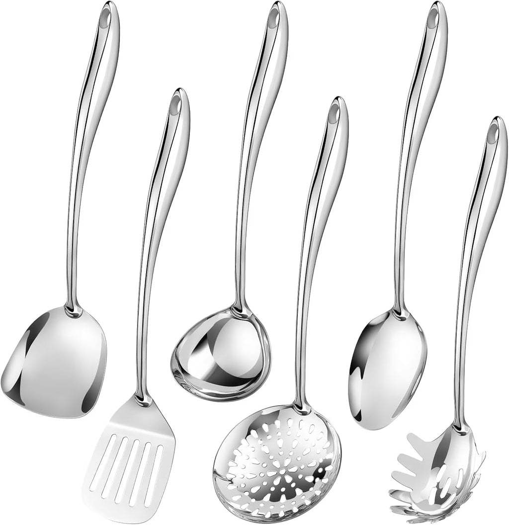 304 Stainless Steel Cooking Utensils Set,6 Pcs Long Metal Kitchen Utensils Set with Spatula Solid Spoon Ladle Skimmer Spaghetti Spoon,Dishwasher Suitable – Durable Stainless Steel Construction with Functional, Easy-Use Details