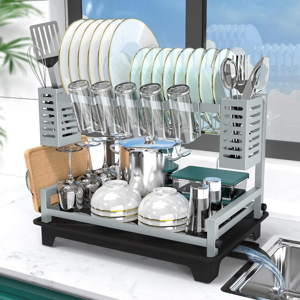 Dish Drying Rack: 2 Tier Dish Racks for Kitchen Counter and Sink - Large Dish Drying Rack with Drainboard & Utensil Holders - Stainless Steel Dish Drainers Kitchen Organization and – Durable Stainless Steel Construction with Functional, Easy-Use Details