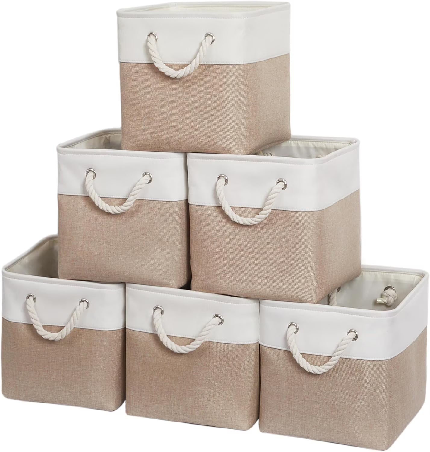 11 x 11 Inch Storage Cubes 6 Pack Large Collapsible Fabric Storage Bin White&Beige – Foldable Space-Saving Design with Functional, Easy-Use Details