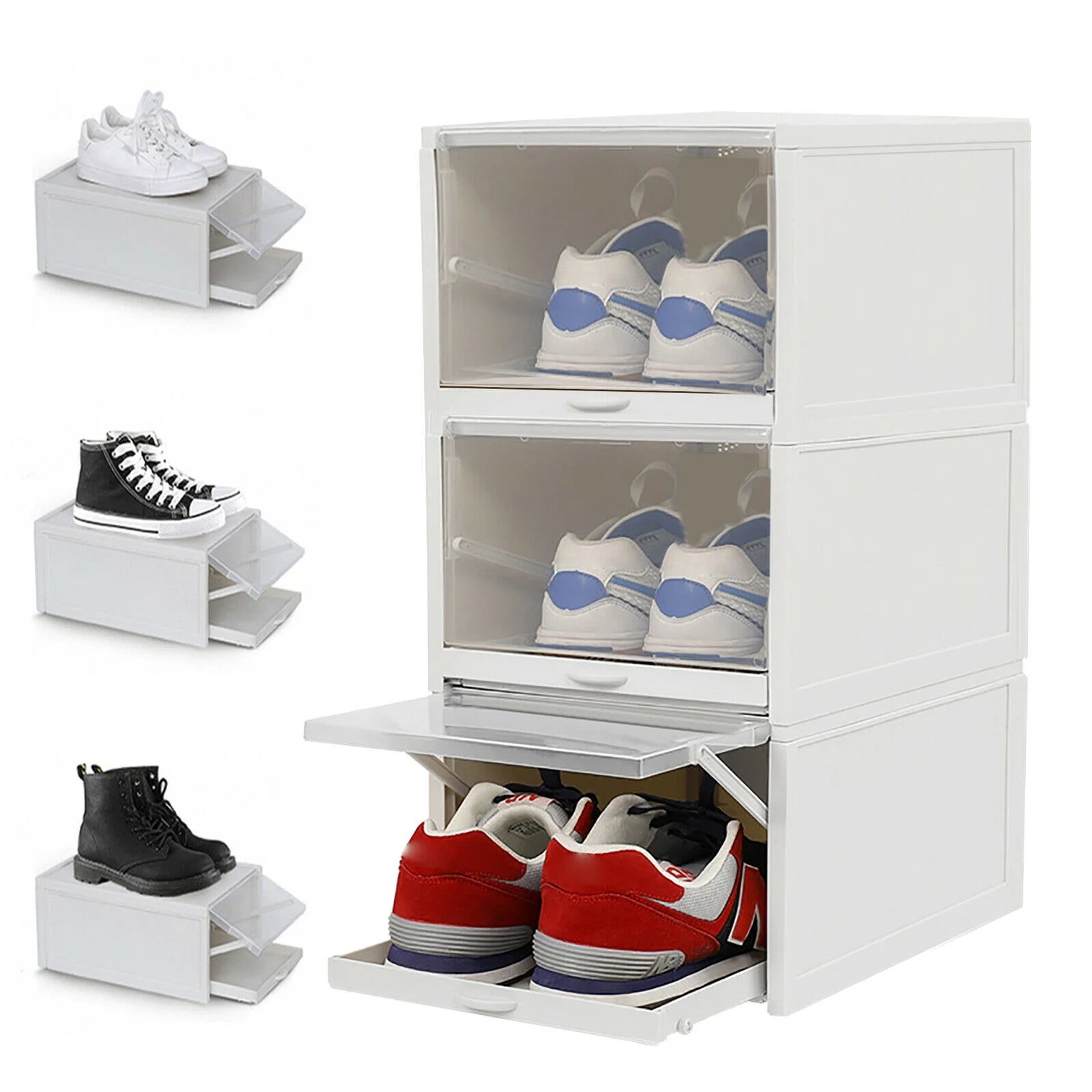 3pcs Foldable Shoe Box Push Drawer Type Storage Organizer Shoe Box Clear Cover Stackable Shoe Storage Box Gray Sneaker Case Stackable Container W/Drawer Push Pull Transparent Shoe Box – Foldable Space-Saving Design with Functional, Easy-Use Details