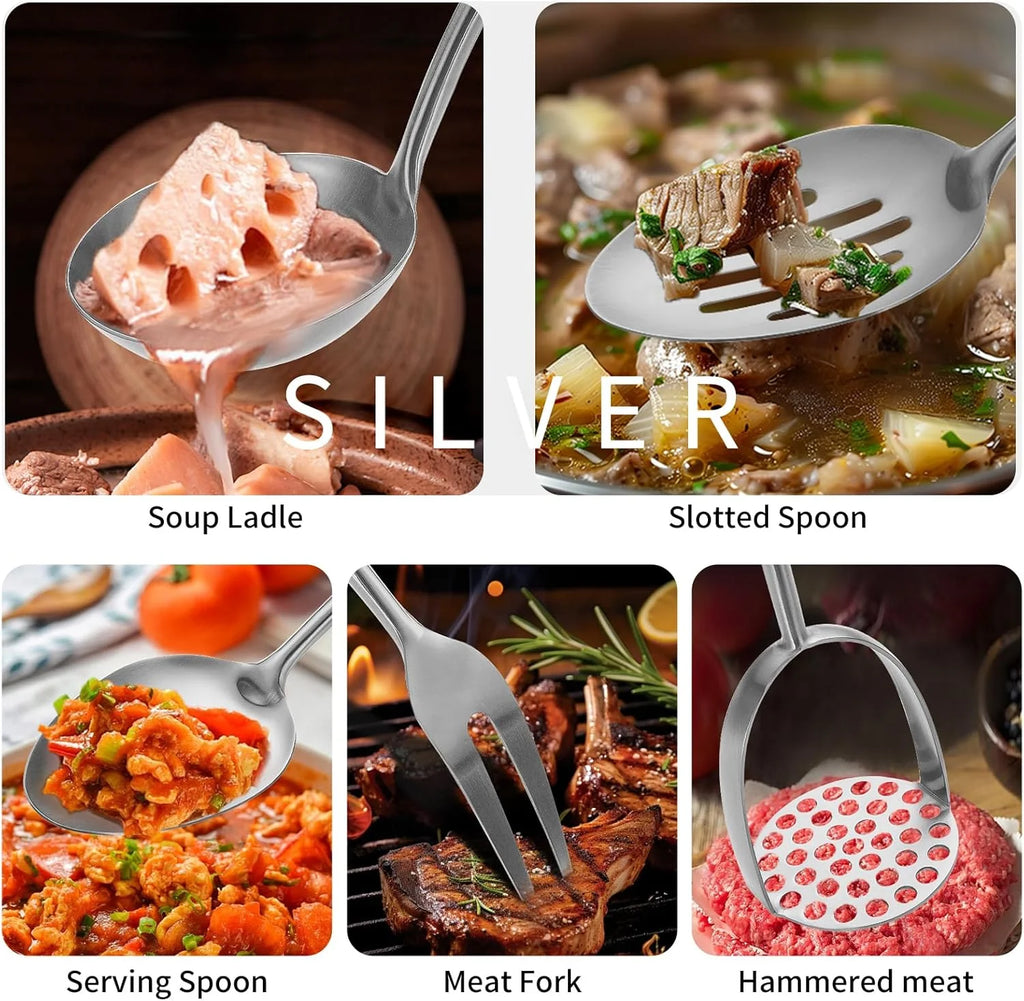 304 Stainless Steel Cooking Utensils,6 Pcs Kitchen Cooking Utensils Set with Spatula Solid Spoon Ladle Skimmer Spaghetti Spoon,Dishwasher Suitable – Durable Stainless Steel Construction with Functional, Easy-Use Details
