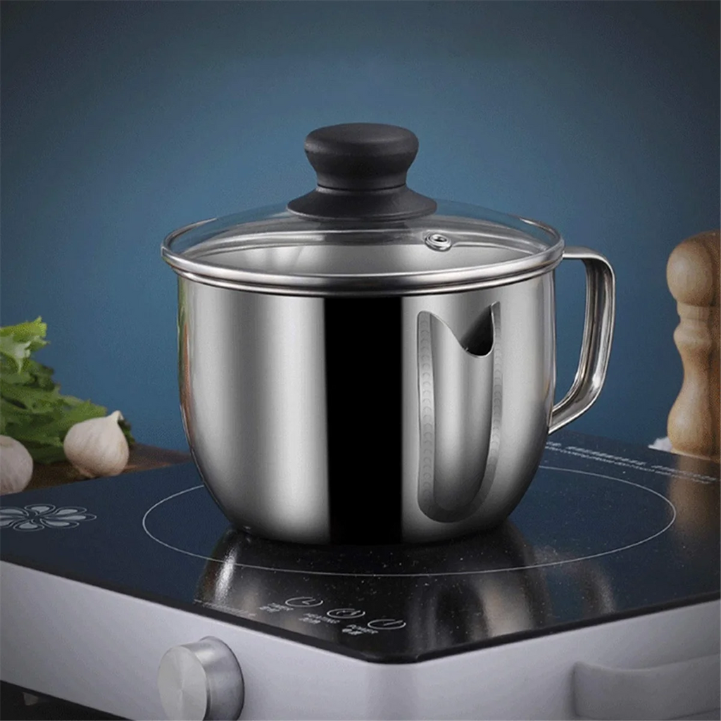 Stainless Steel Fat Separator 1L/4 Cup Gravy Grease with Strainer and Glass Lid Soup Oil Cup – Durable Stainless Steel Construction with Functional, Easy-Use Details