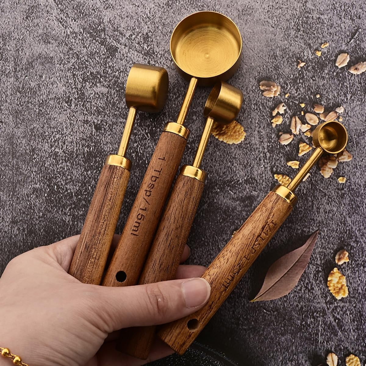8 pieces Golden Measuring Cups Set and Measuring Spoons Set with Scale Wooden Handle Stainless Steel Dry & Liquid Measuring Cup for Cooking Baking – Convenient Carry Handles with Functional, Easy-Use Details