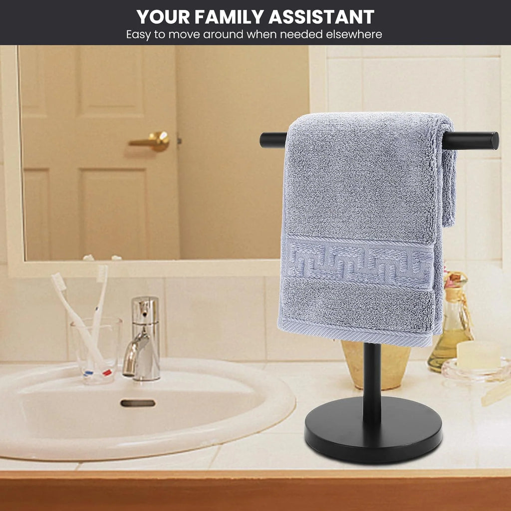 T-Shape Bath Hand Towel Holder Stand Stainless Steel Free Standing Hand Towel Rack with Heavy Base for Bathroom Kitchen & Countertop Matte Black – Durable Stainless Steel Construction with Functional, Easy-Use Details