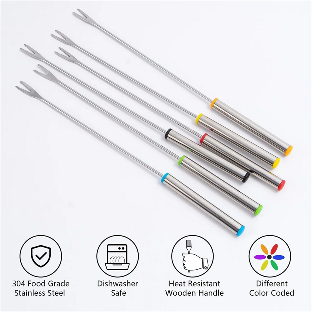 12PCS 9.5 Inch Color-Coded Stainless Steel Fondue Forks Cheese Fork Fruit with Heat-Blocking – Durable Stainless Steel Construction with Functional, Easy-Use Details