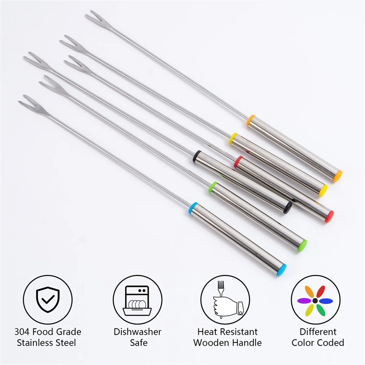 12PCS 9.5 Inch Color-Coded Stainless Steel Fondue Forks Cheese Fork Fruit with Heat-Blocking – Durable Stainless Steel Construction with Functional, Easy-Use Details