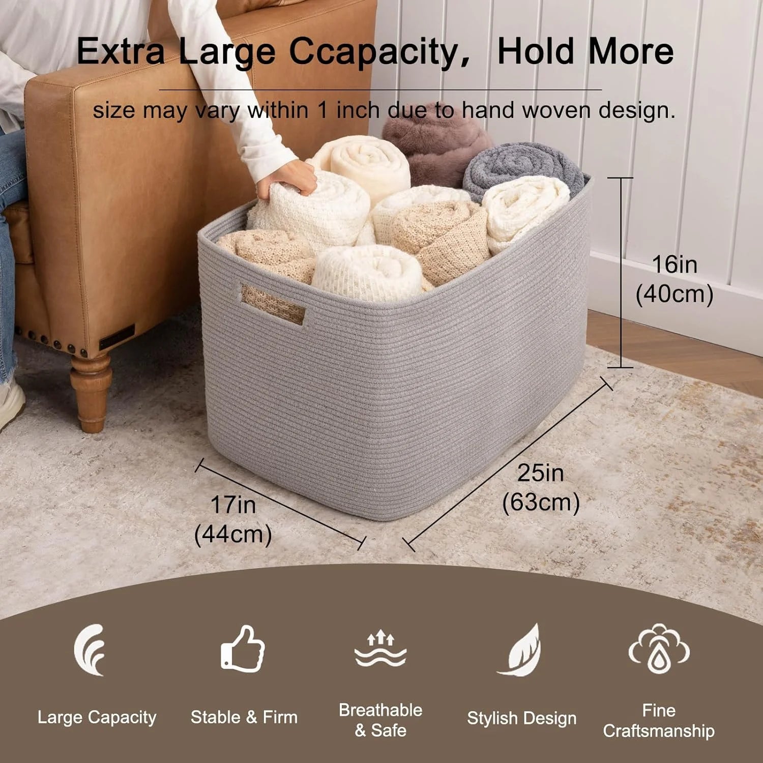 118L XXXLarge Cotton Rope Storage Basket Oversized Blanket Basket Used for Organizing Dirty Clothes in Living Room Bedroom Nursery Dog Toy Storage Bins 25" x 17" x 16",Grey – Practical Home Organization with Functional, Easy-Use Details