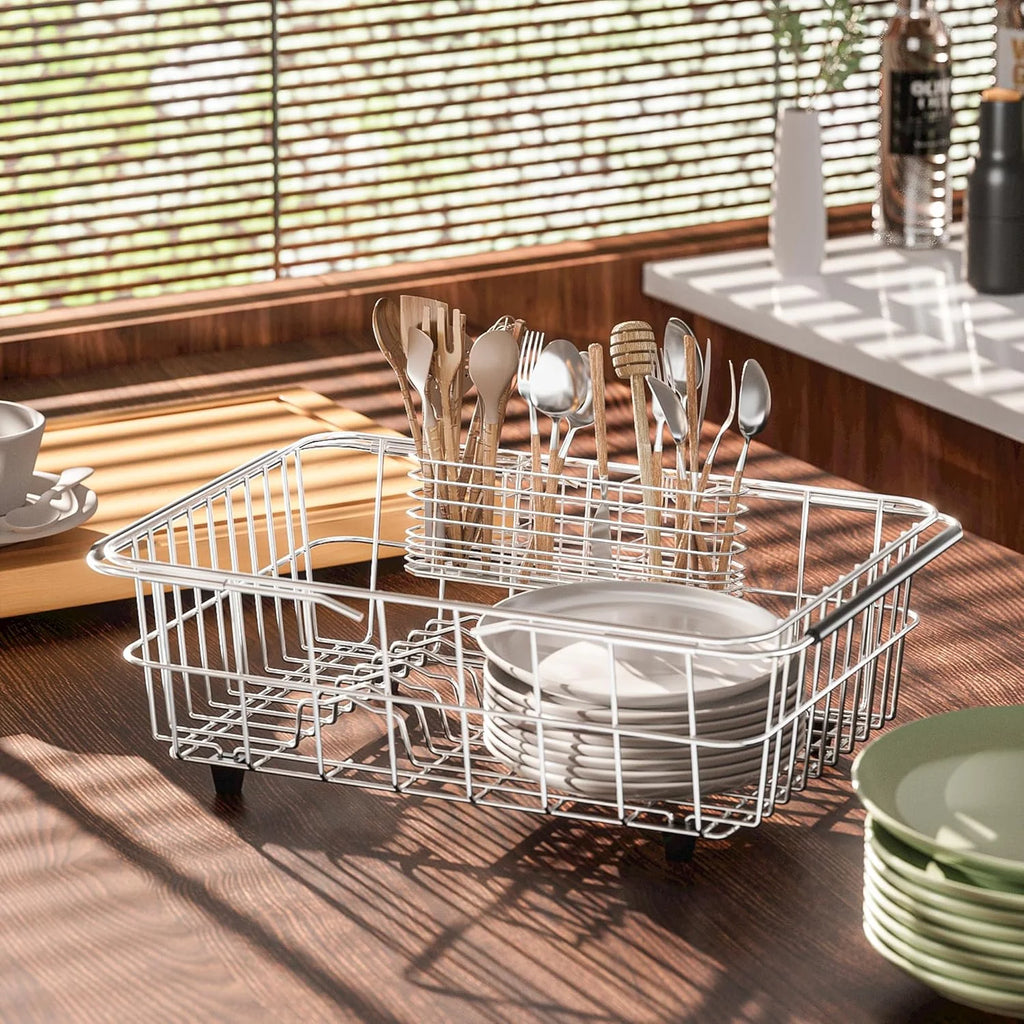 304 Stainless Steel Utensil Holder Dish Drying Rack kitchen Utensil Organizer Knife and Fork Drainage Rack Kitchen Drainage Basket Accessories With Hooks Rust-resistant Color-Silver – Durable Stainless Steel Construction with Functional, Easy-Use Details
