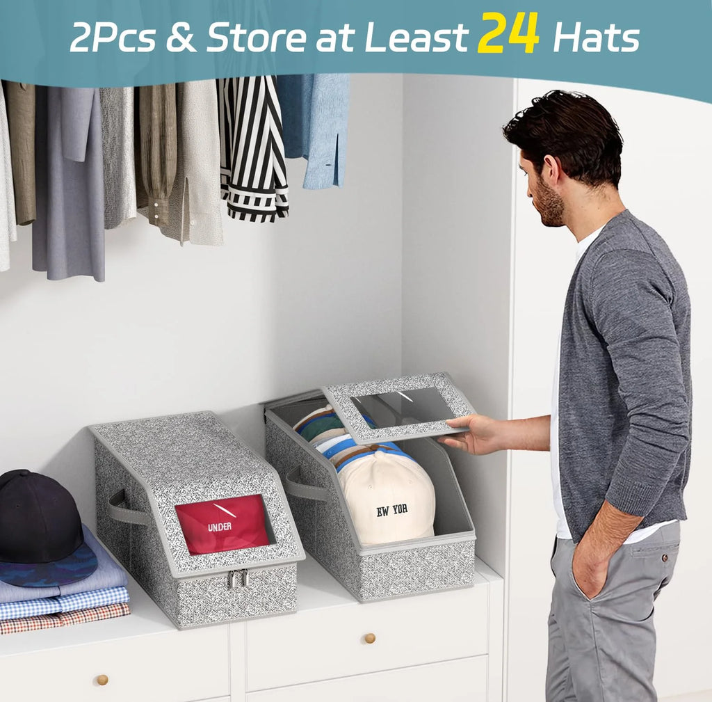 2 Pcs Stackable Hat Storage for Baseball Caps Holds up to 24 Caps Hat Organizer for Closet Sturdy Snapback Boxes for Men with Cardboard Grey – Stackable Organization with Functional, Easy-Use Details