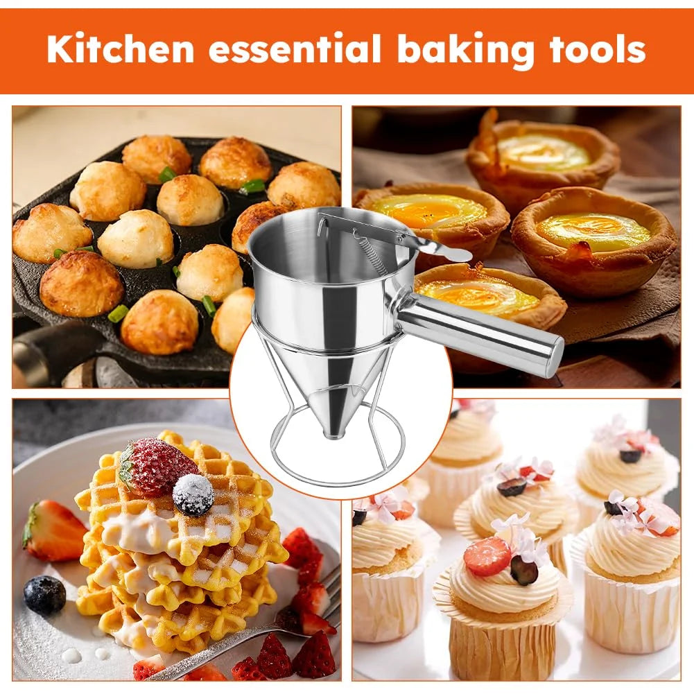 Stainless Steel Pancake Batter Dispenser with Squeeze Handle Kitchen Funnel Tools Pancake Dispenser for Pancakes Cupcakes Takoyaki and Baked Goods – Convenient Carry Handles with Functional, Easy-Use Details