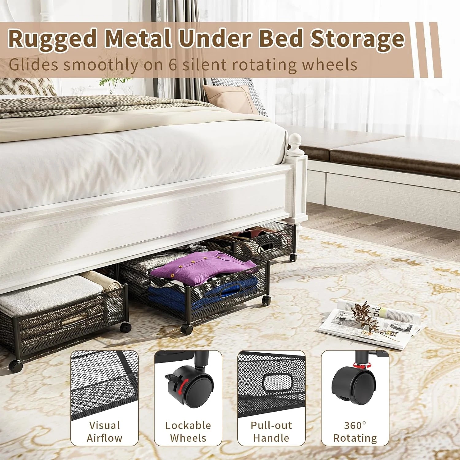 47.2'' Long Under Bed Storage on Wheels 57.6L Large Capacity Rolling Under the Bed Storage Containers Tool-Free Assembly Foldable Underbed Shoes Clothes Toy Drawers – Everyday Household Format with Functional, Easy-Use Details