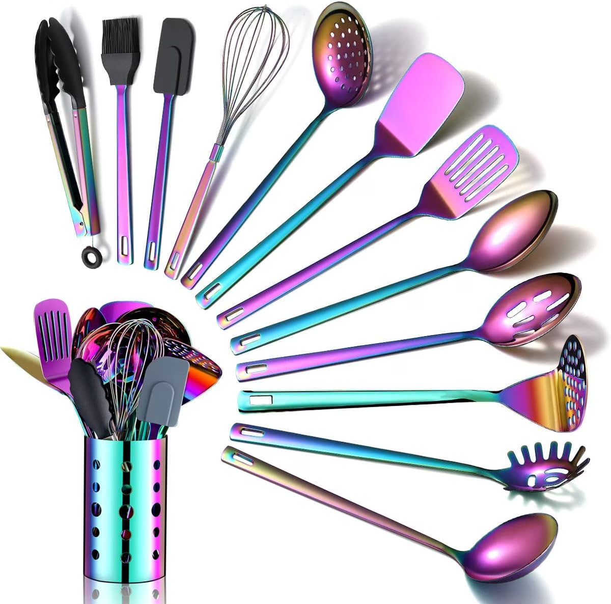 Rainbow Kitchen Utensil Set 13-Piece Stainless Steel Cookware Set Titanium Rainbow Plating Kitchen Tool Set with Cutlery Holder Suitable for Non-stick Cookware Dishwasher Suitable – Durable Stainless Steel Construction with Functional, Easy-Use Details